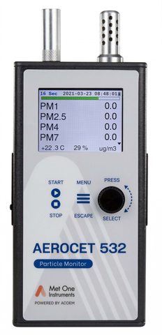 Aerocet 532 colour LCD showing PM mass readings