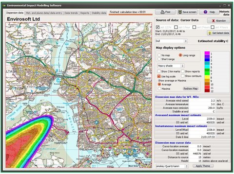 CEMPact plume dispersion estimate drawn on a local area map