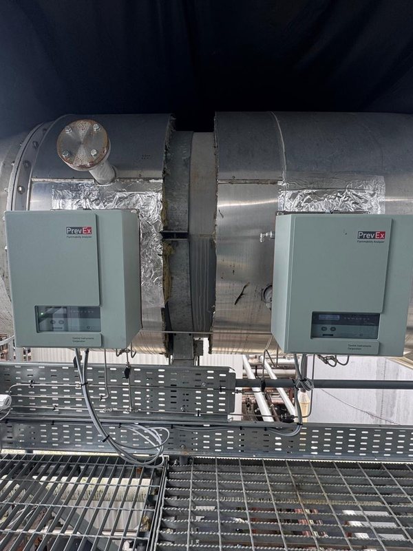 Two Control Instruments PrevEx flammability analysers mounted side by side on an insulated process duct