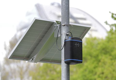 EarthSense Zephyr on a lamp post with solar panel